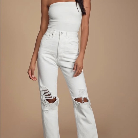 Agolde Denim - Agolde 90s High Rise Loose Fit White Distressed Straight Leg Jeans